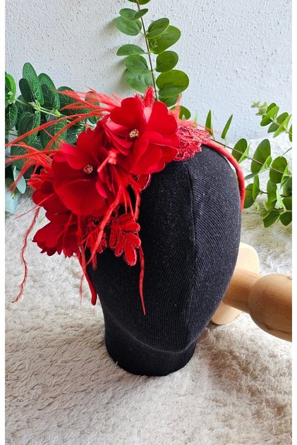 Flower Feather Detail on Red Lace Mother's Maternity Crown, Henna Crown, Red Crown
