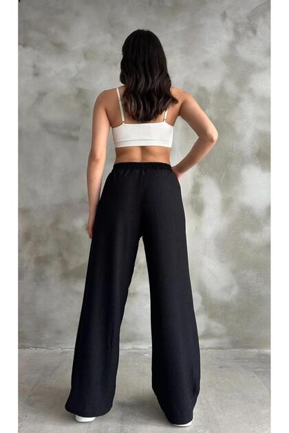 ''Spider Fabric'' High Belt Palazzo Women's Pants with Elastic Waist (Efi̇l Efi̇l)