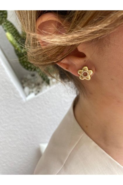 Xuping Minimal Flower Figured Stone Gold Ball Earrings