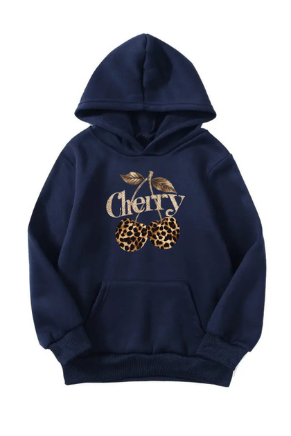 Unisex Oversize Hooded Winter Cherries Leopard Pattern Printed Hooded Sweatshirt - Navy Blue