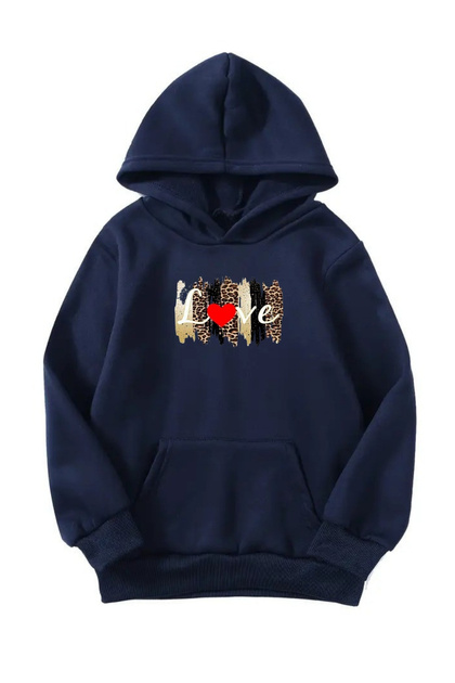 Unisex Oversize Hooded Winter Love Leopard Printed Hooded Sweatshirt - Navy Blue