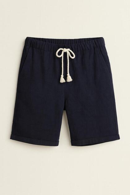Men's Lace-Up Relaxed Fit Linen Shorts Navy Blue Eca027