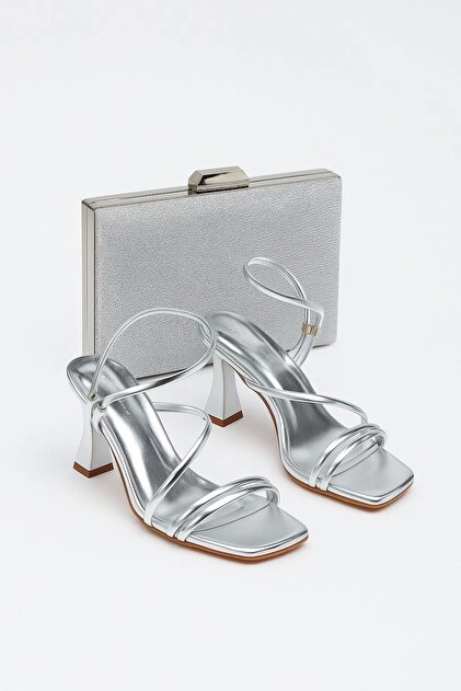 Women's Summer Silver Faux Leather Heeled Shoes and Bag Set