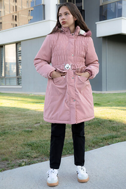 BABY mon petit loulou キャノティエ付JSK ピンク Cansın Mini Pembe Kemerli Nubuk Kumaş Kız Çocuk İçi Kürklü