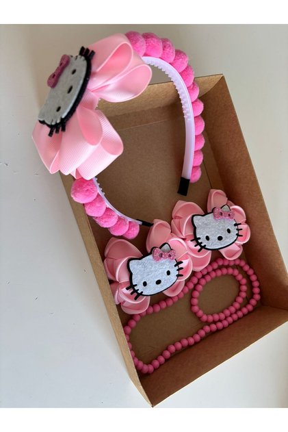 Pembe Hello Kitty Taç Toka Kolye Bileklik set