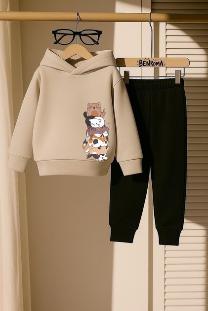 Cats Overlap Printed 3 Thread Children's Tracksuit Set