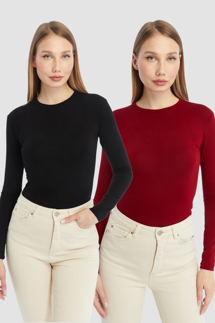 Women's Black Claret Red Round Neck 2-Piece Bodysuit