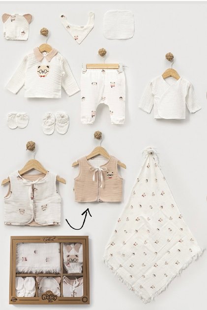 Muslin Fiber Vest Teddy Bear Patterned Baby Boy Newborn 10 Piece Hospital Release Bodysuit Set