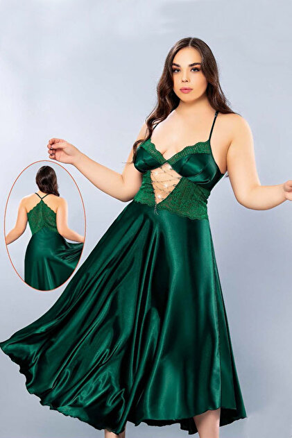 Viselya Green Plus Size Satin Long Nightgown- Trendyol Viselya Green Plus Size Satin Long Nightgown- Trendyol
