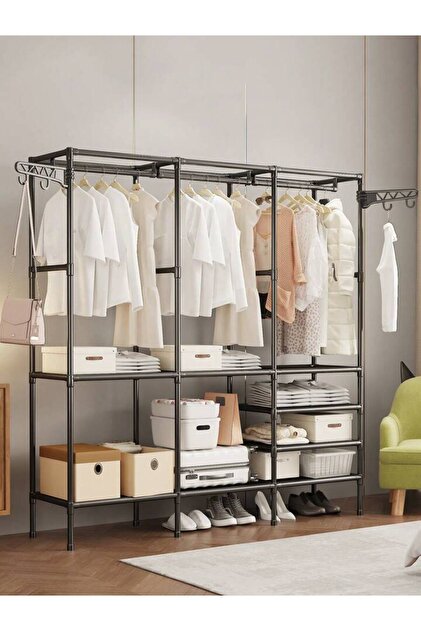 3 Section Metal Cloth Rack with Shelves Multifunctional Garment Wardrobe with 360° Rotatable Hooks