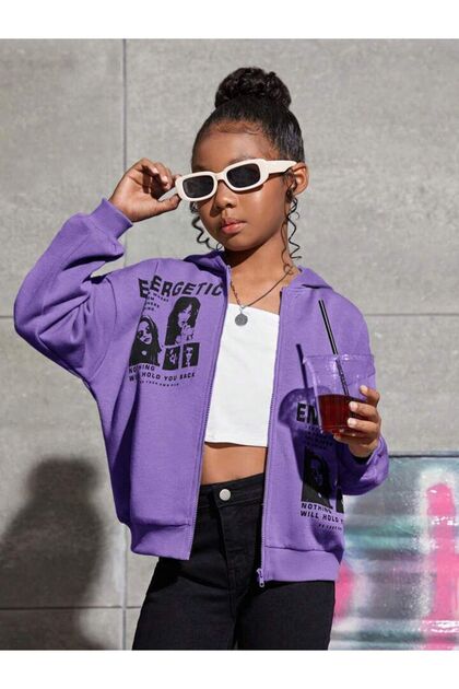 Children's Energetic Printed Oversize Hooded Cardigan Hoodie