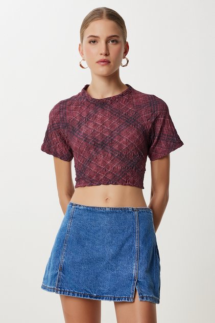 Patterned Crop Crinkle Blouse Lan0048 Bordo