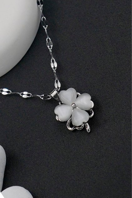 Silver Stainless Steel Women's Necklace with Rotating Clover Figure Stone
