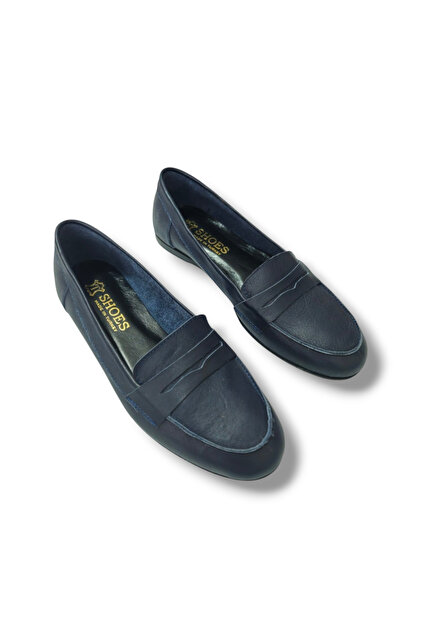 Navy Blue Genuine Skin Leather Women's Loafer Shoes