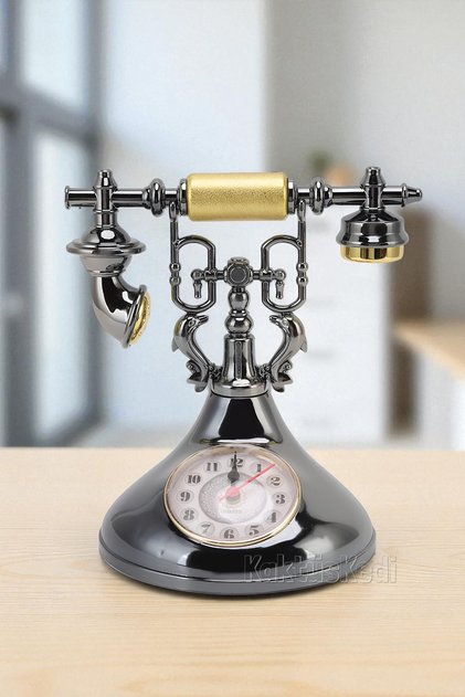 Vintage Telefon Model Nostaljik Dekoratif Masa Saati - Çalar Saat Gri
