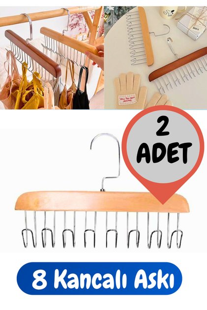 2 Adet 8 Kancalı Ahşap Askı | Çok Amaçlı Çanta, Şal, Kemer ve Aksesuar Düzenleyici