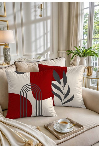 Bohemian Boho Themed Red Gray Cream Color Digital Printed Gift Set of 2 Throw Pillow Cases