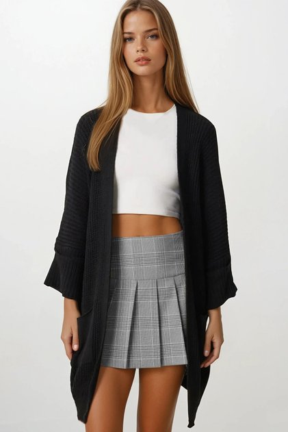 Alaçati Style Women's Black Double Pocket Ov Oversized Riko Cardigan Vs00737