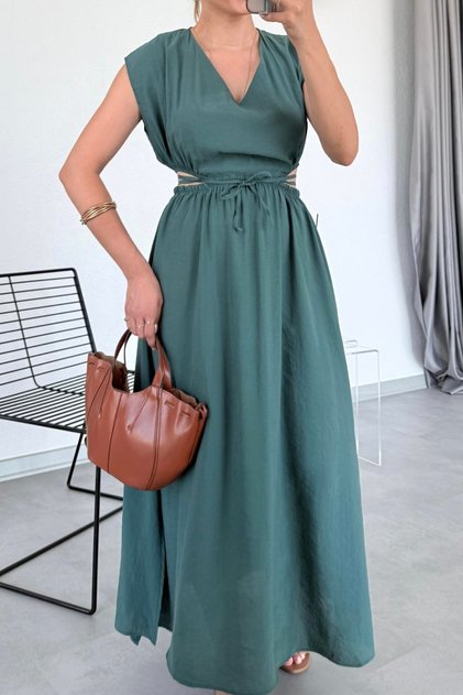Modal Fabric Waist Decoleted V-Neck Dress 4S781