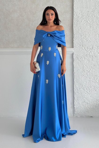 Blue Off Shoulder Strapless Jewel Satin Evening Dress