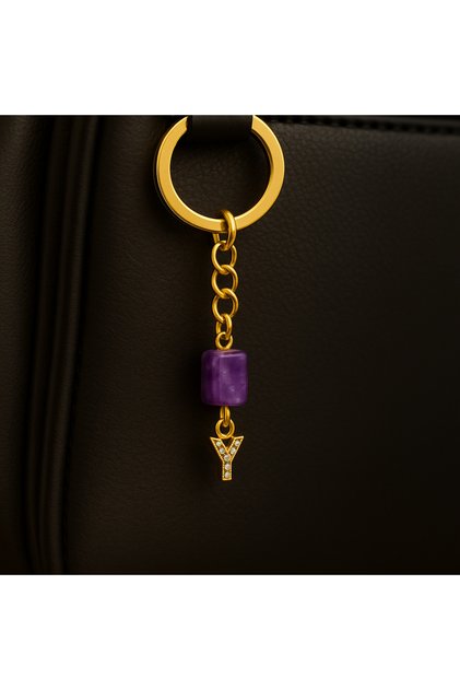Purple Amethyst Stone Keychain Charm with Gold Color Stone Y Letter
