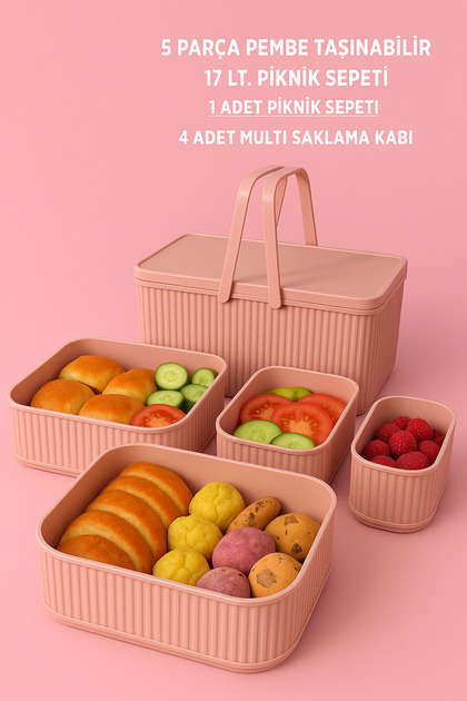 özkale plastik 5 Parça Pembe Taşınabilir Piknik ve Saklama Seti
