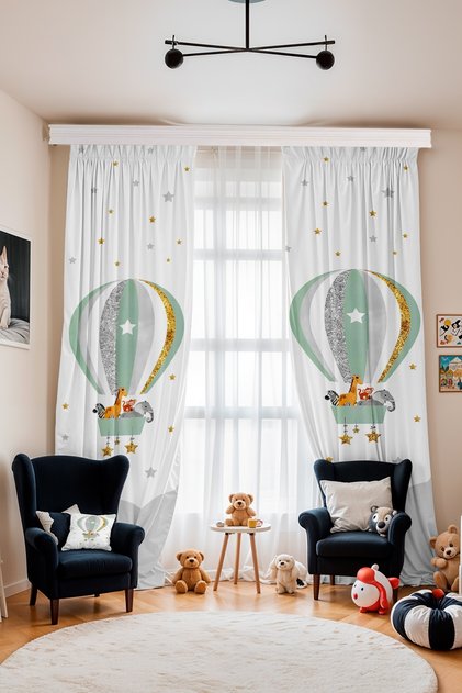 Safari Patterned Children's Baby Room Background Curtain with Flying Balloons (Single Wing Pricing)