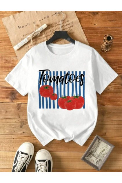 Summer Special Seasonal Tomato Printed Crew Neck Cotton White Women'S/Men's Unisex Oversize Tshirt