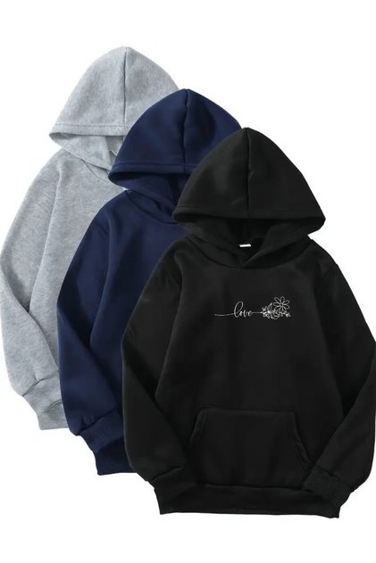 3-Piece Hooded Sweatshirt Set - Love Flower Printed - Black, Navy Blue, Gray - Winter Embossed Fabric