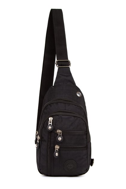Women's Black Crinkle Fabric Cross Chest and Shoulder Bag with Headphone Outlet