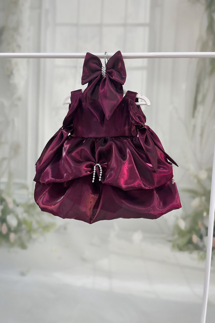 Balloon Skirt Plum Pearl Detailed Bow Evening Dress Wedding Dress