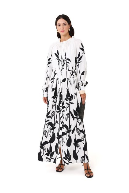 Patterned Hijab Dress with Gipe Detail on the Collar - Black and White -