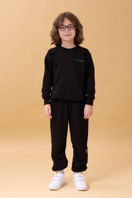 Boy's Crew Neck Embroidered Seasonal Double Suit - Black