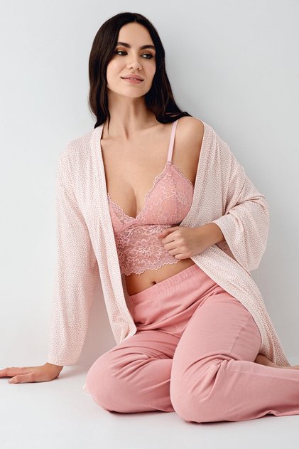 Women's Retro Pink 3-Piece Set, Pajamas Dressing Gown Bralet Set, 50% Cotton 50% Modal