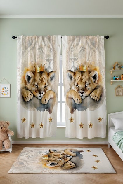Baby Sleeping Lion Patterned Children's Baby Room Background Curtain (Single Wing Pricing)