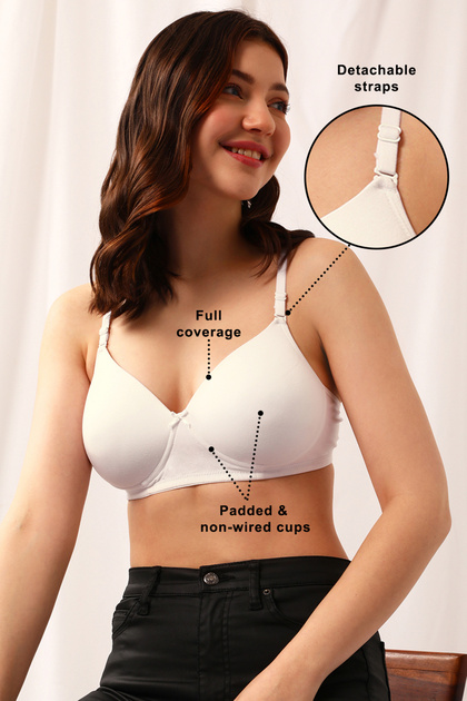 Padded Non-Wired Full Coverage T-shirt Bra in White - Cotton