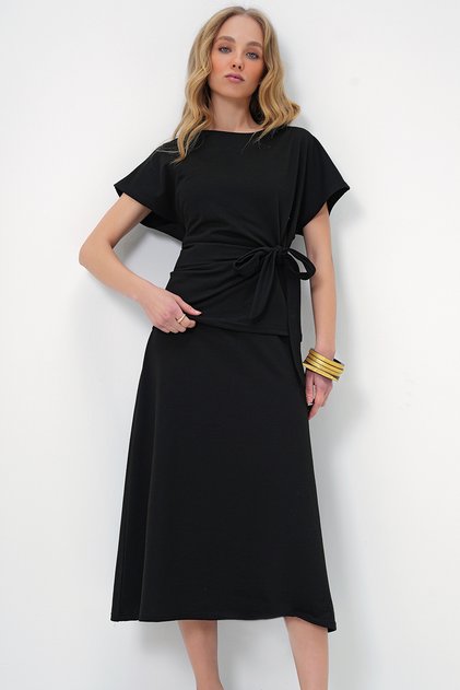 Women's Crew Neck Drape Detailed Blouse and Flared Skirt Suit Dark Black Alc-X13479