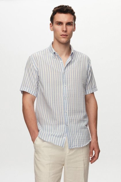 Ds Groom Slim Fit Blue Seersucker Striped Short Sleeve Summer Shirt