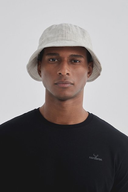 Unisex Taş Rengi Keten Nakışlı Logo Detaylı Kova Bucket Şapka %100 Pamuk İç Astarlı Nolasco