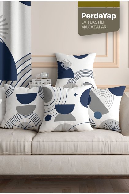 Modern Lacivert Gri Geometrik Desenli 4’lü Dijital Baskılı Kadife Kırlent Kılıfı 43x43 cm