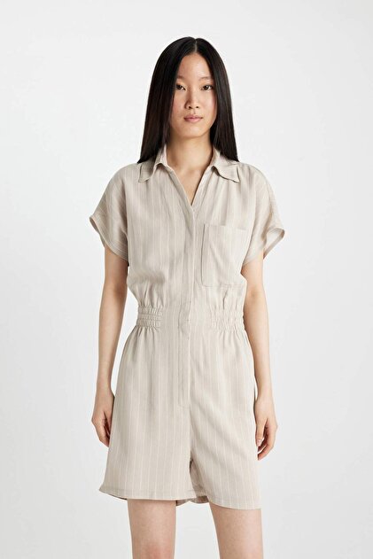 Shirt Collar Striped Linen Short Sleeve Jumpsuit C5995Ax24Sm