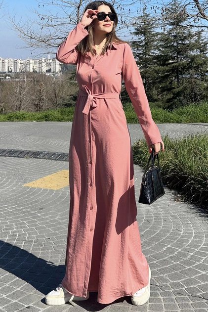 Women's Powder Kupra Fabric, Long Sleeve, Waist Belted, Body Fitting, Long Shirt Dress