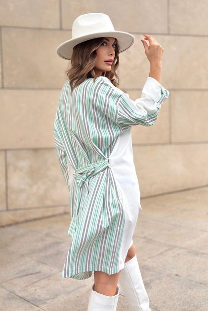 Women's Mint & Ecru Sleeve Folded, Waist Belted, Round Neck, Loose Dress