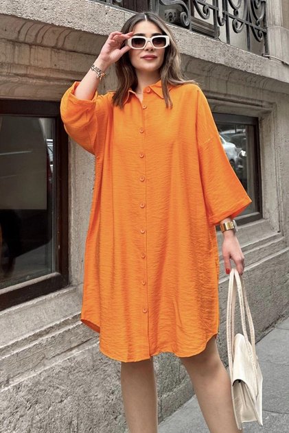 Women's Orange Folded Half Sleeve, Oval Cut Skirt, Midi Length, Loose Linen Shirt Dress