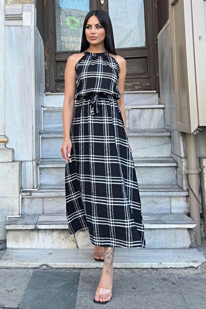 New Laviva Black Plaid Patterned Halter Neck Long Belt Loose Women's Dress-  Trendyol