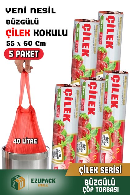 40 Lt (5 Pack) Advantage Package Medium Size Strawberry Scented Drawstring Garbage Bag Garbage Bag 50 Pieces