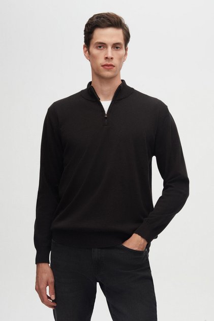Ds Damat Slim Fit Siyah Yarım Fermuarlı Triko Kazak