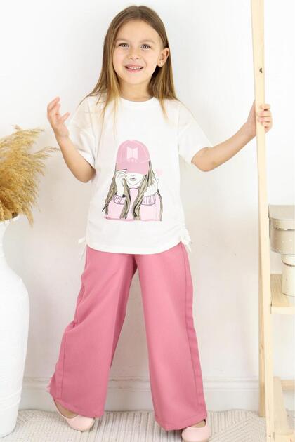 Girls' Matching Set: Girl with Hat, Printed T-shirt and Beige Wide-Leg Pants (Top and Bottom Set) - Ages 6-13
