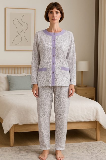 Quality Cotton Fabric Wide Fit Front Open Lilac Heart Patterned Mother's Pajama Set