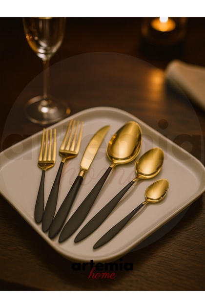 Gold Dine 30 Piece Fork Spoon Set | Black Handle Gold Detail | 6 People | 18/10 Stainless Steel